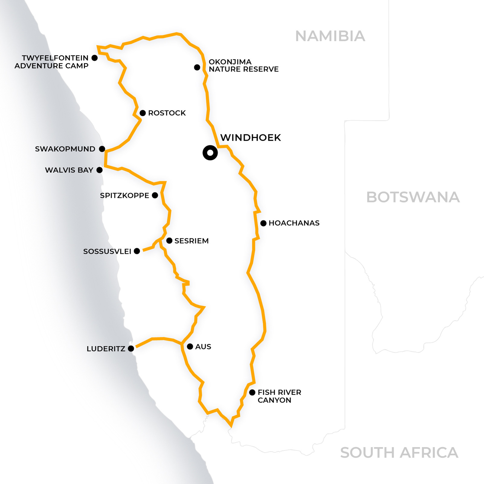 Best of Namibia route map - Windhoek loop